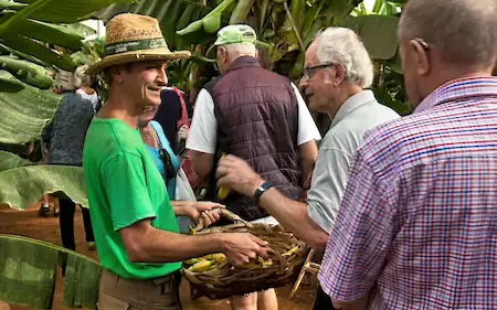 Homme offrant des bananes aux visiteurs dans la plantation de banane
