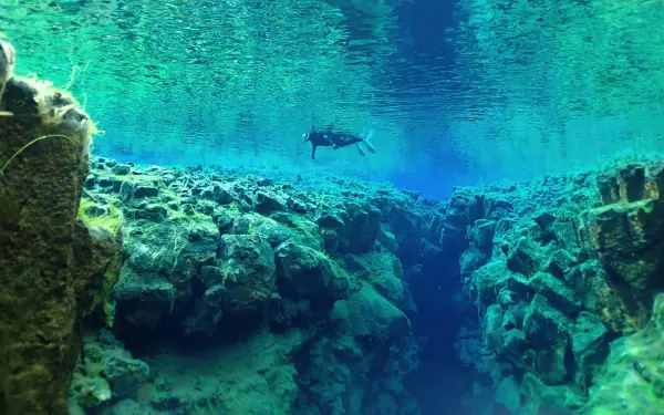 Une personne fait du snorkeling dans la faille de Silfra en Islande